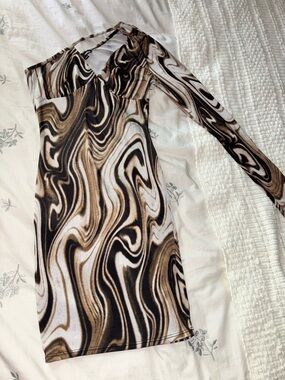 Fashion Nova Brown Marble-Print One-Shoulder Jumpsuit